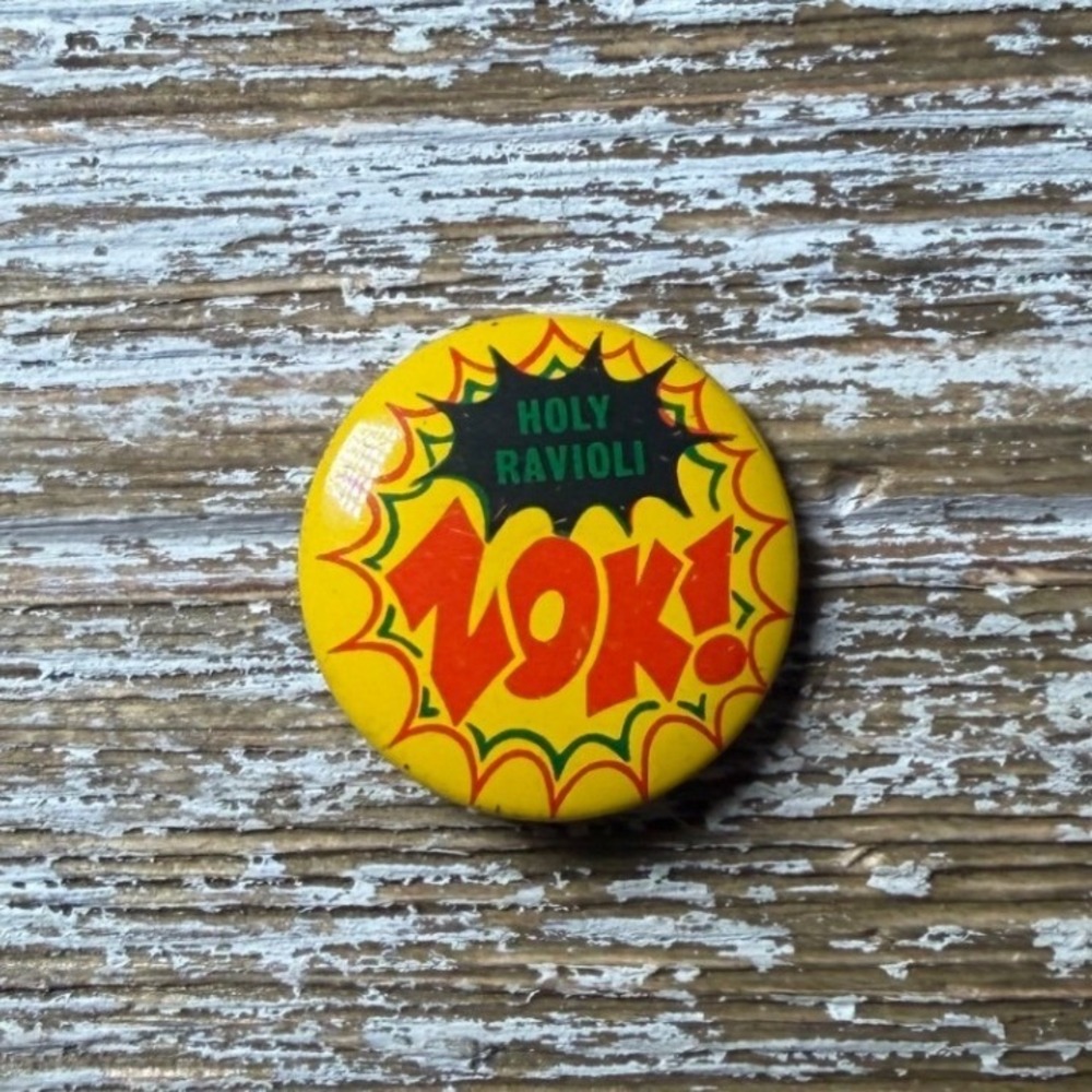 Vintage 1966 Holy Ravioli Zok! Batman Pinback Button 1 Inch Comic Pop Art Yellow